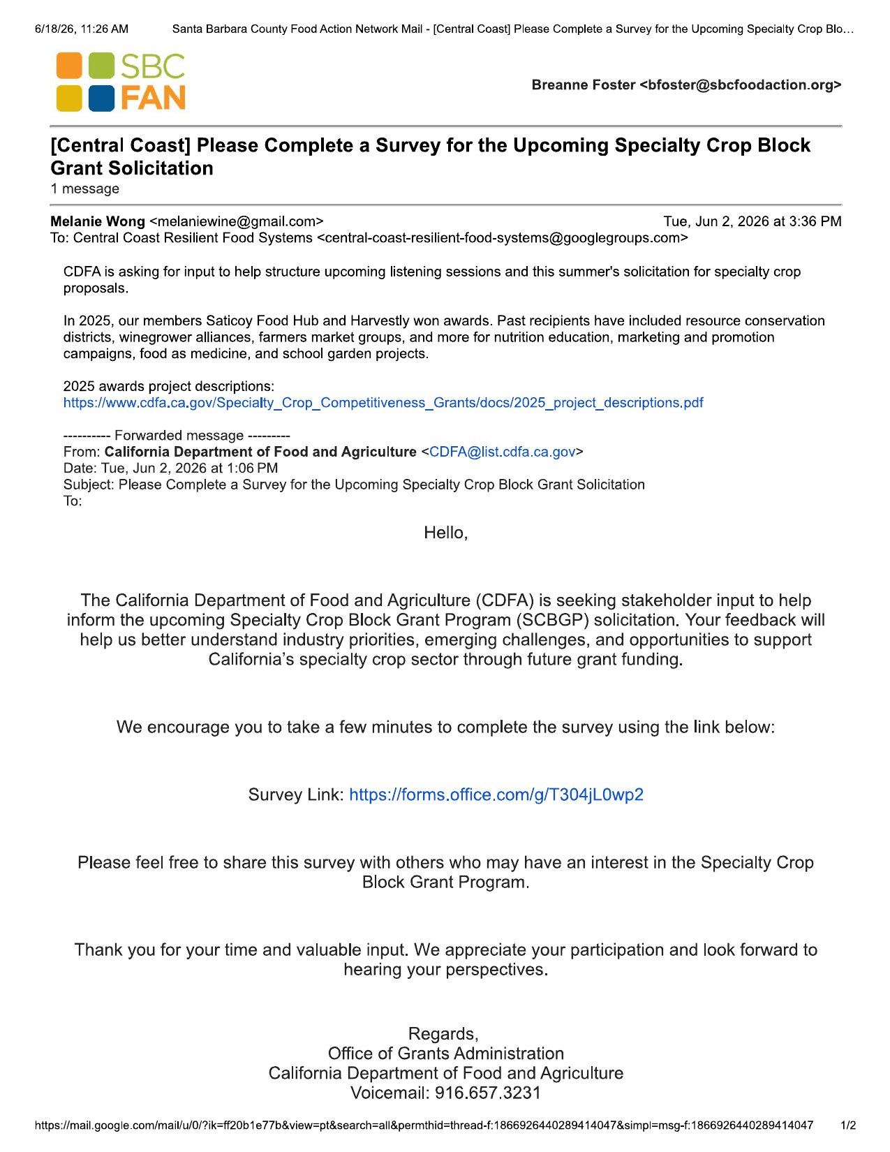 CDFA Survey for Upcoming Specialty Crop Block Grant Solicitation